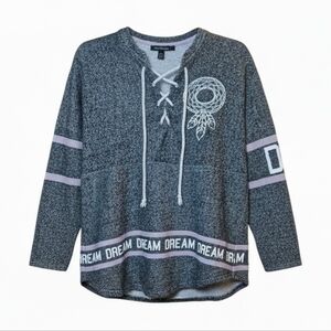 No Boundaries Dream Graphic Lace-Up Sweatshirt XL Gray Marled Tunic Pullover Top